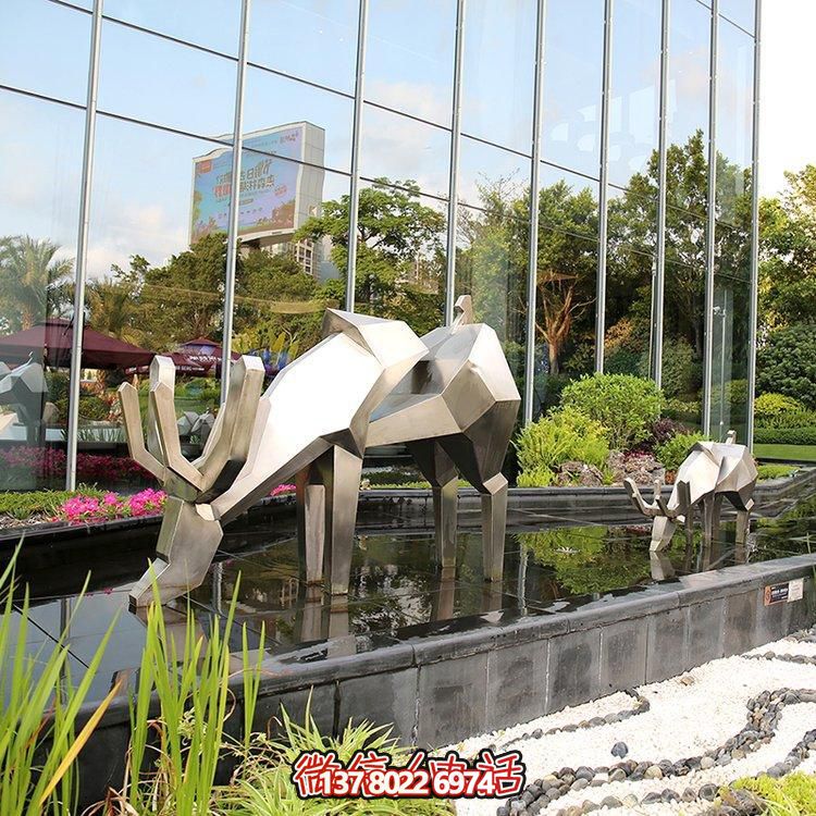 精致雕塑，幾何鏡面不銹鋼鹿，點(diǎn)綴精致水景小品