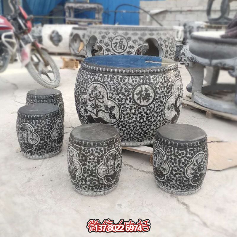 梅蘭菊竹浮雕石桌石凳，休閑庭院圓形裝飾