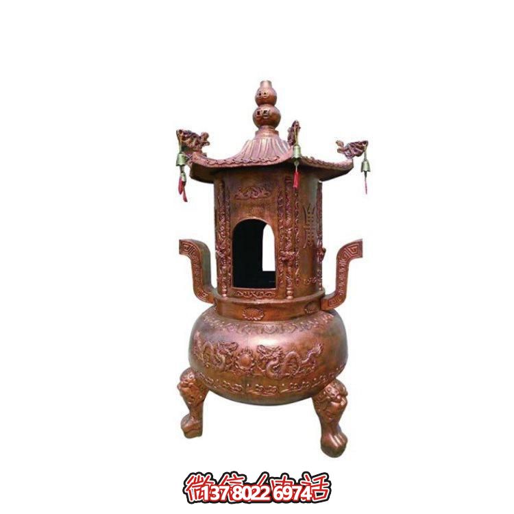 純銅香爐四柱舍利塔，裝飾寺院舍利