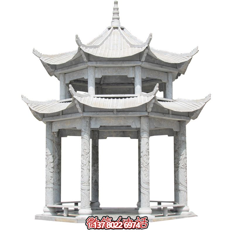精美大理石雙層柱涼亭，雕塑點(diǎn)綴休息亭
