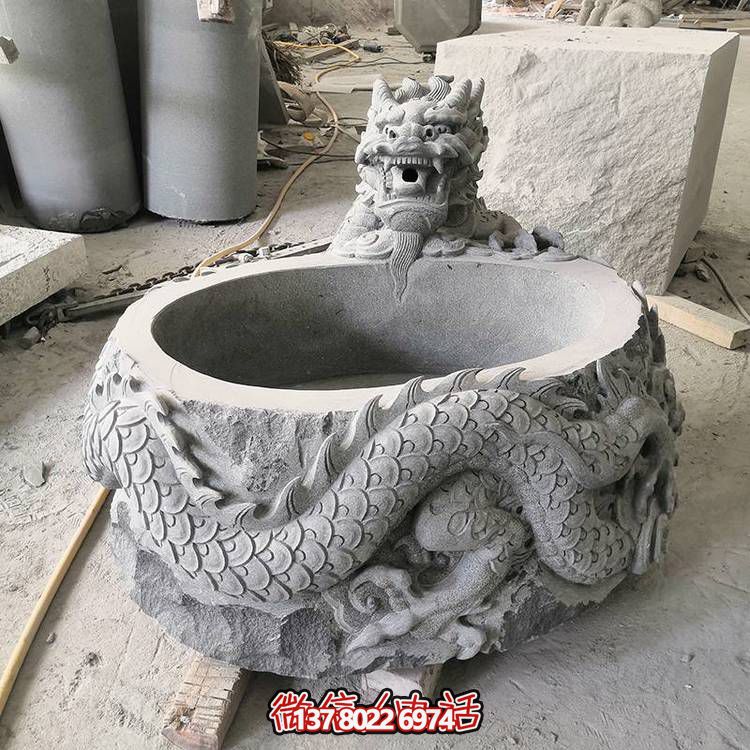 仿古石缸水缸青石龍形浮雕雕塑，為您的庭院增添一抹古樸