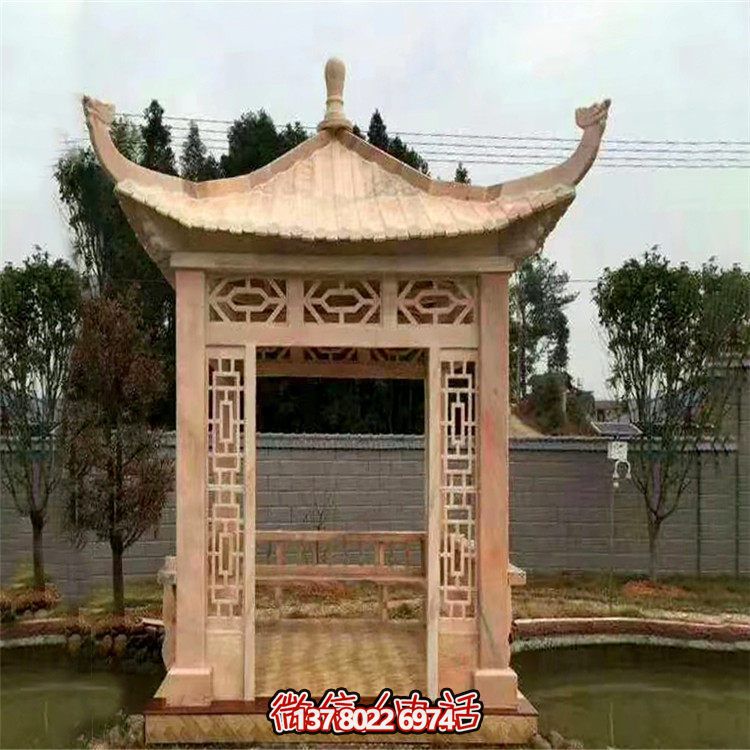 紅石雕鏤涼亭，晚霞中空中創(chuàng)意雕塑