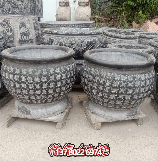 自然美學結(jié)合青石石雕、浮雕、編織、雕塑的戶外園林魚缸