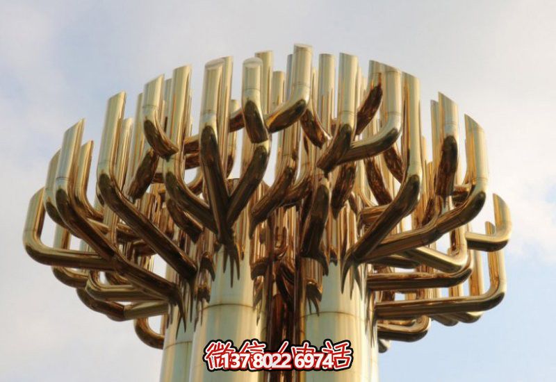 不銹鋼大樹雕塑，金色噴涂
