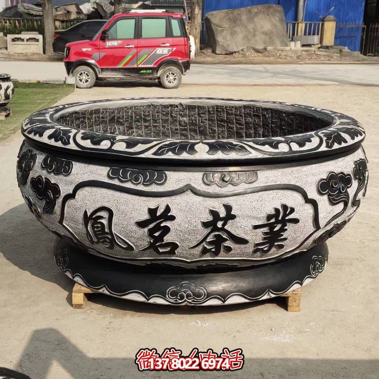 仿古青石荷花水缸，配合庭院戶外，點(diǎn)綴人間養(yǎng)魚園