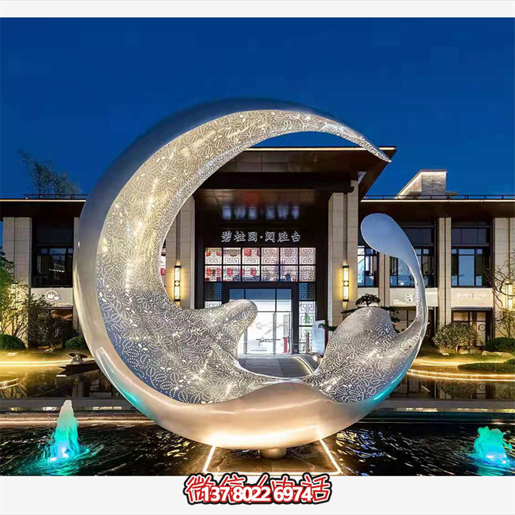 不銹鋼月亮水滴雕塑，透光水景裝飾雕塑